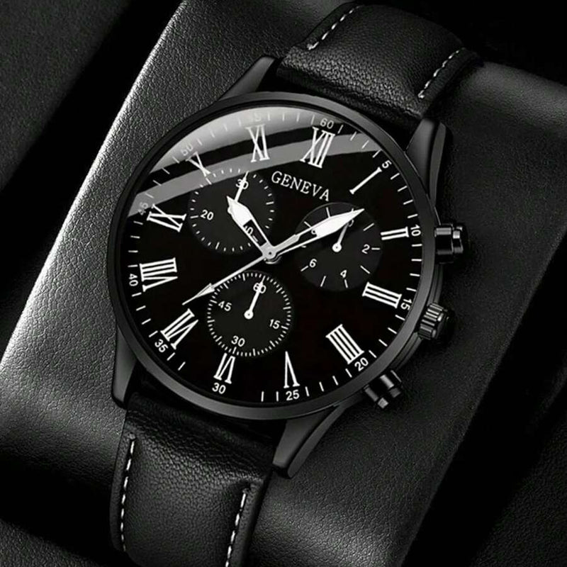 Relógio de Quartzo com Pulseira de Couro Preto