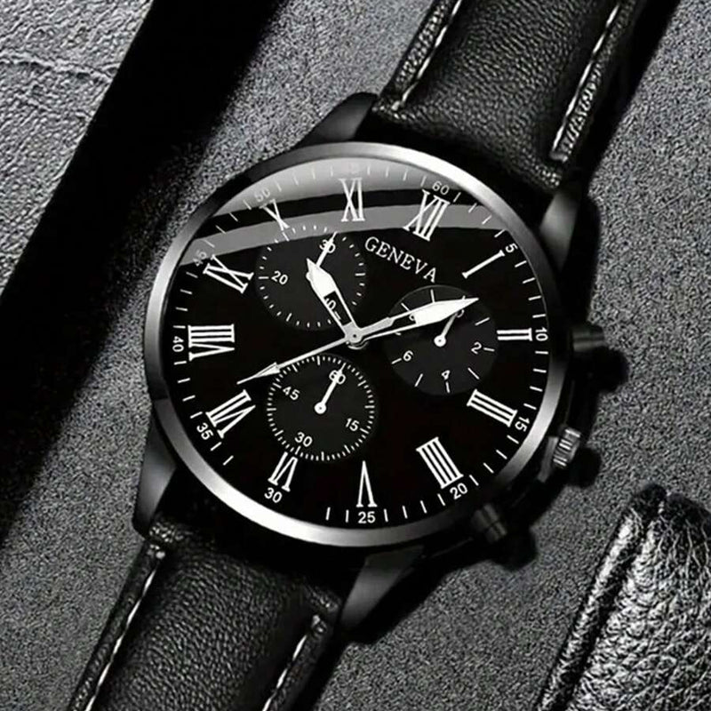 Relógio de Quartzo com Pulseira de Couro Preto